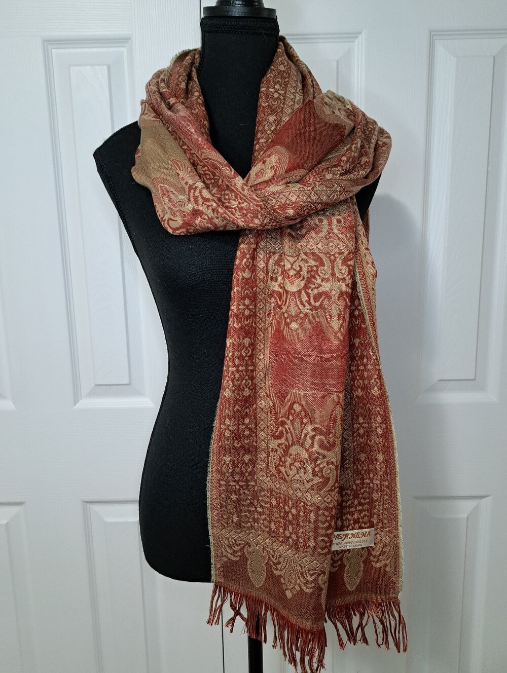 Pashmina Scarf Fringe Boho Red Tan Brown Silk Blend Classic Traditional Wrap